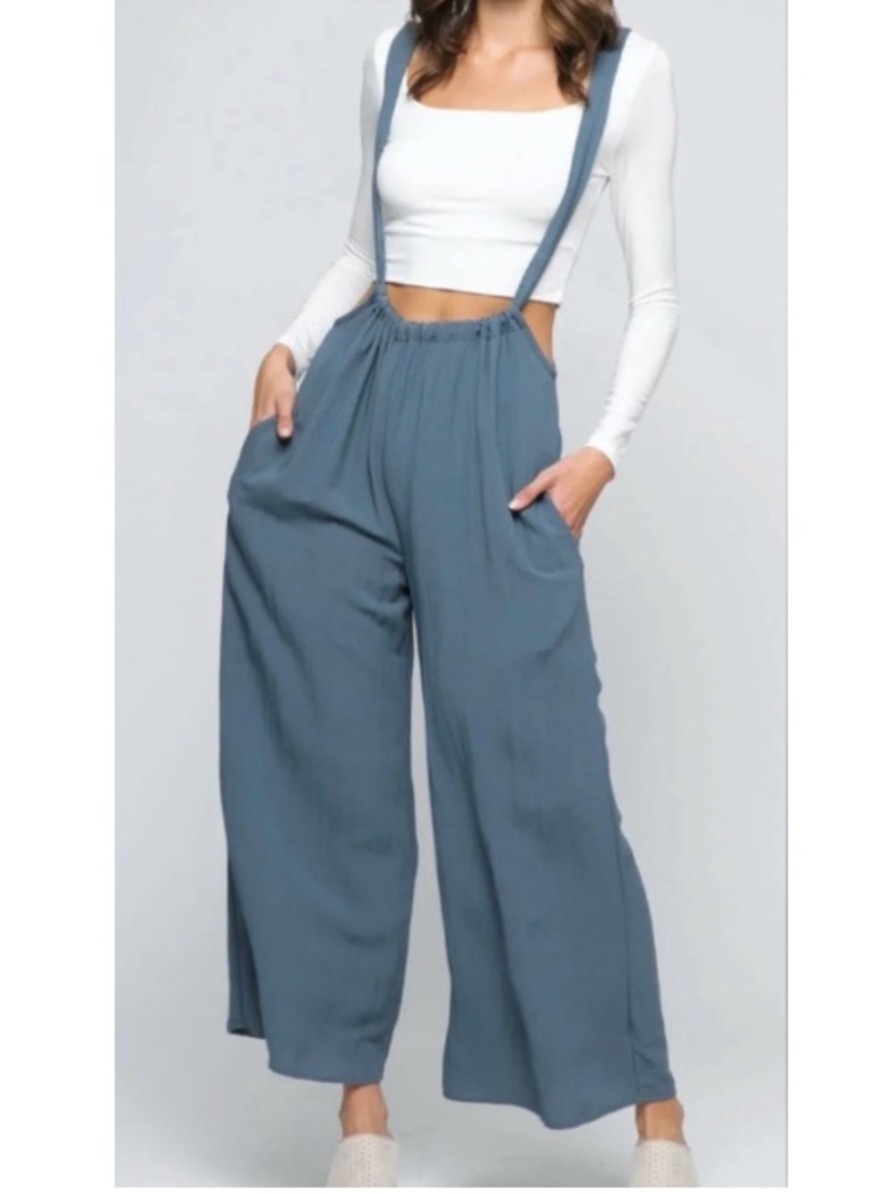 🟠NWT ZENANA Wide Leg Tie Back Suspender Jumpsuit with Pockets in Dusty Blue